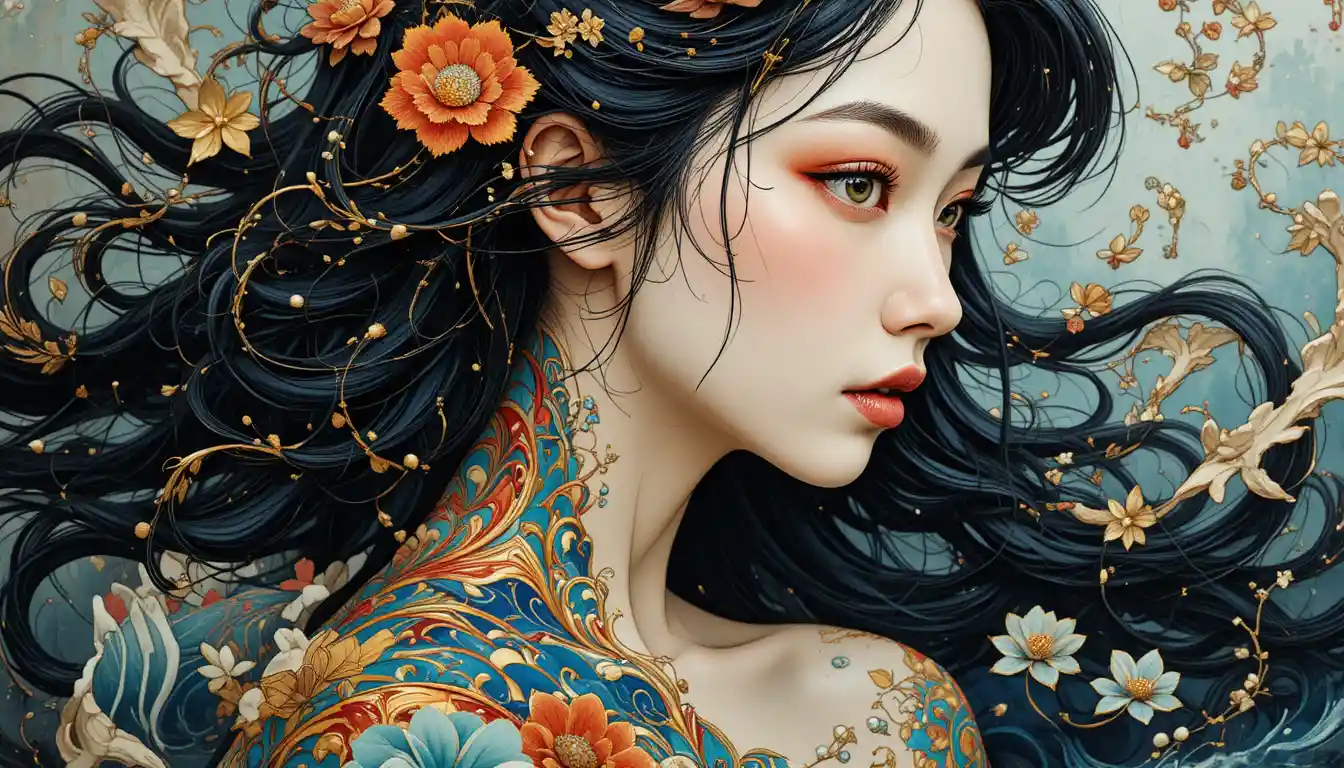 Surreal close up tattooed woman with flowing ocean motifs