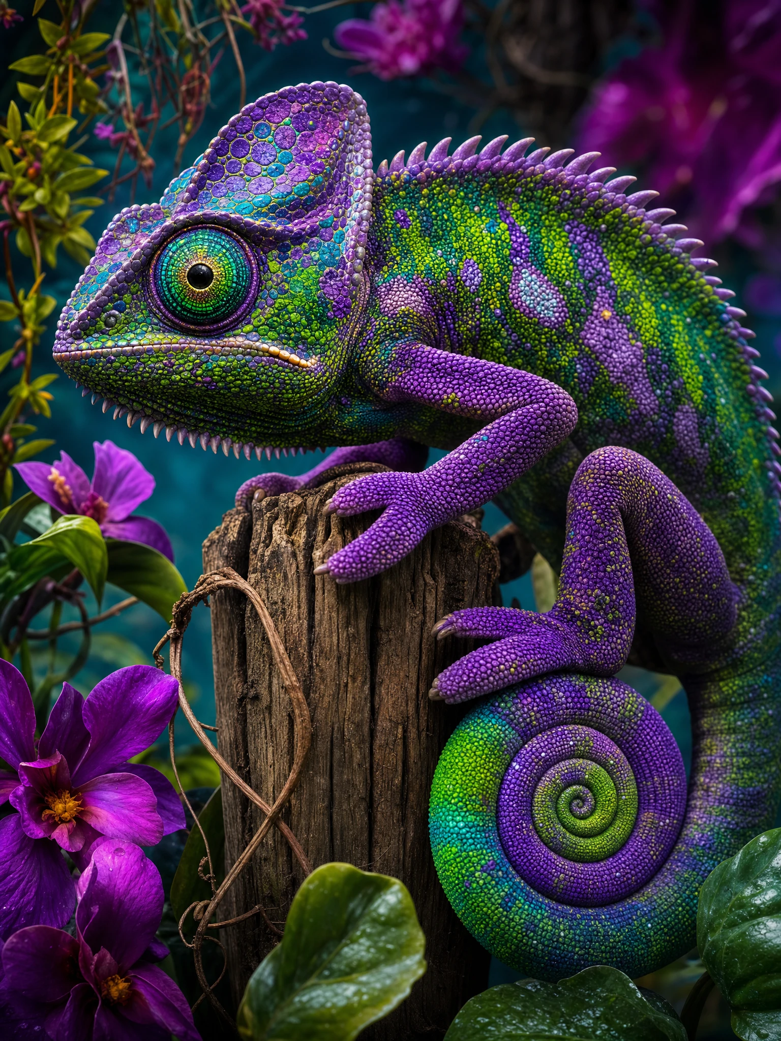 Colorful chameleon on wooden post in fantasy tropical scene
