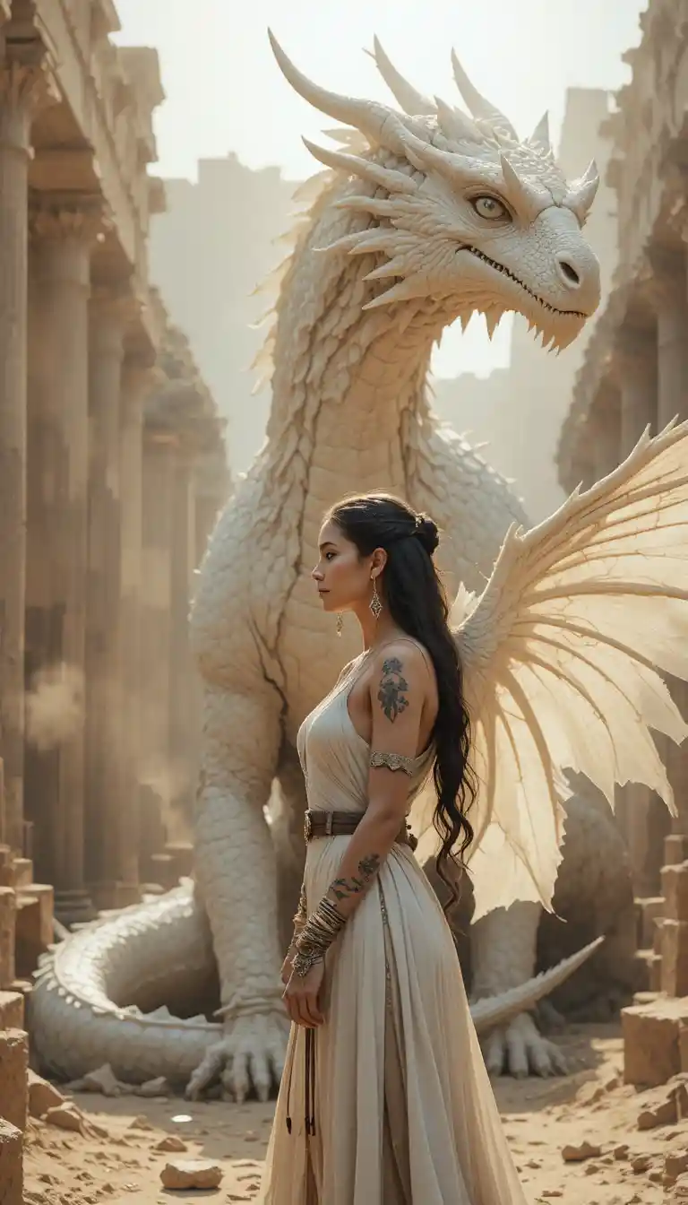 Celestial warrior woman beside a white dragon in ruins