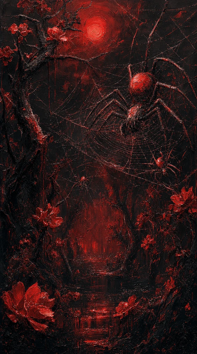 Chaotic red abstract painting of a hidden spider grove