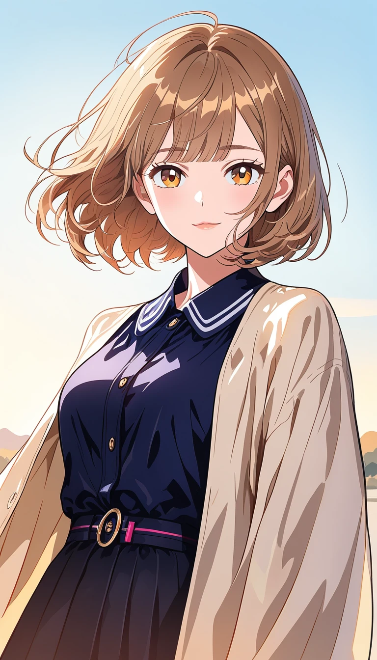 Élégante fille d’anime debout en extérieur dans la douce lumière du lever de soleil