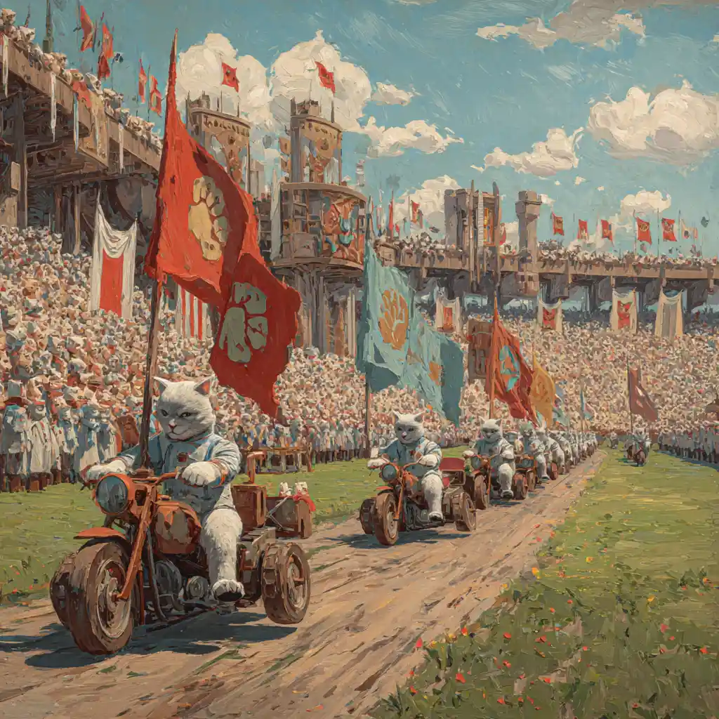 Cats Parade On Motorcycles In A Grand Stadium Ceremony