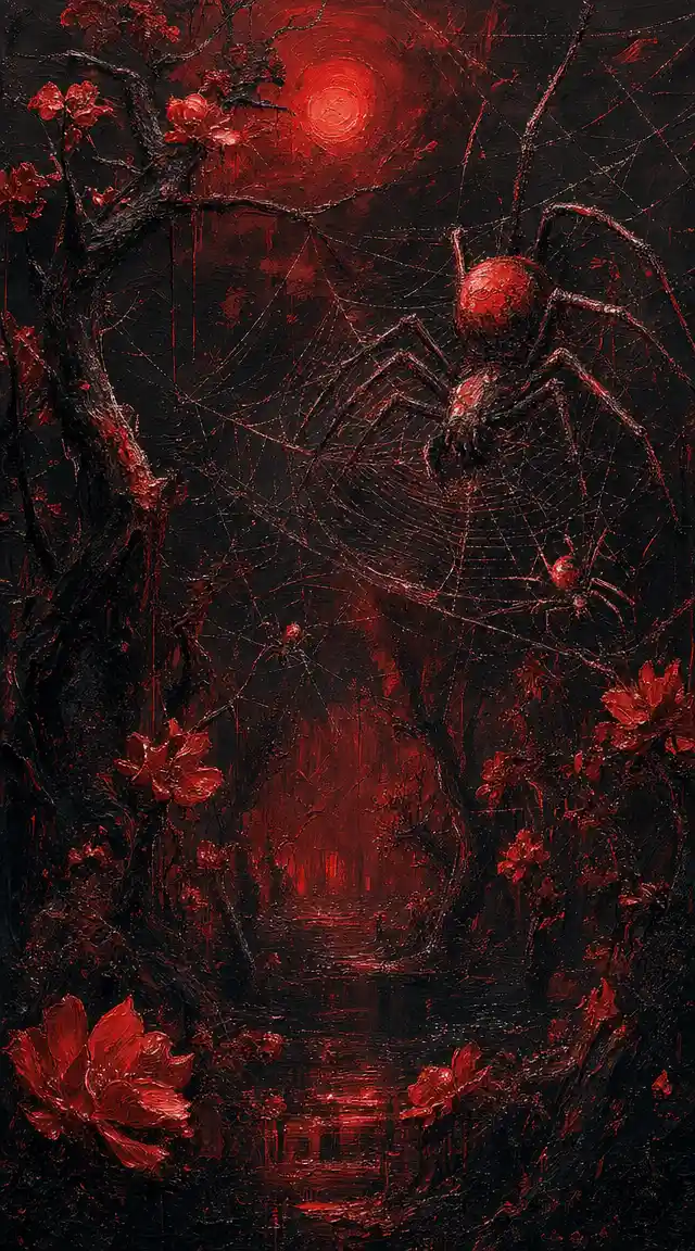Chaotic red abstract painting of a hidden spider grove
