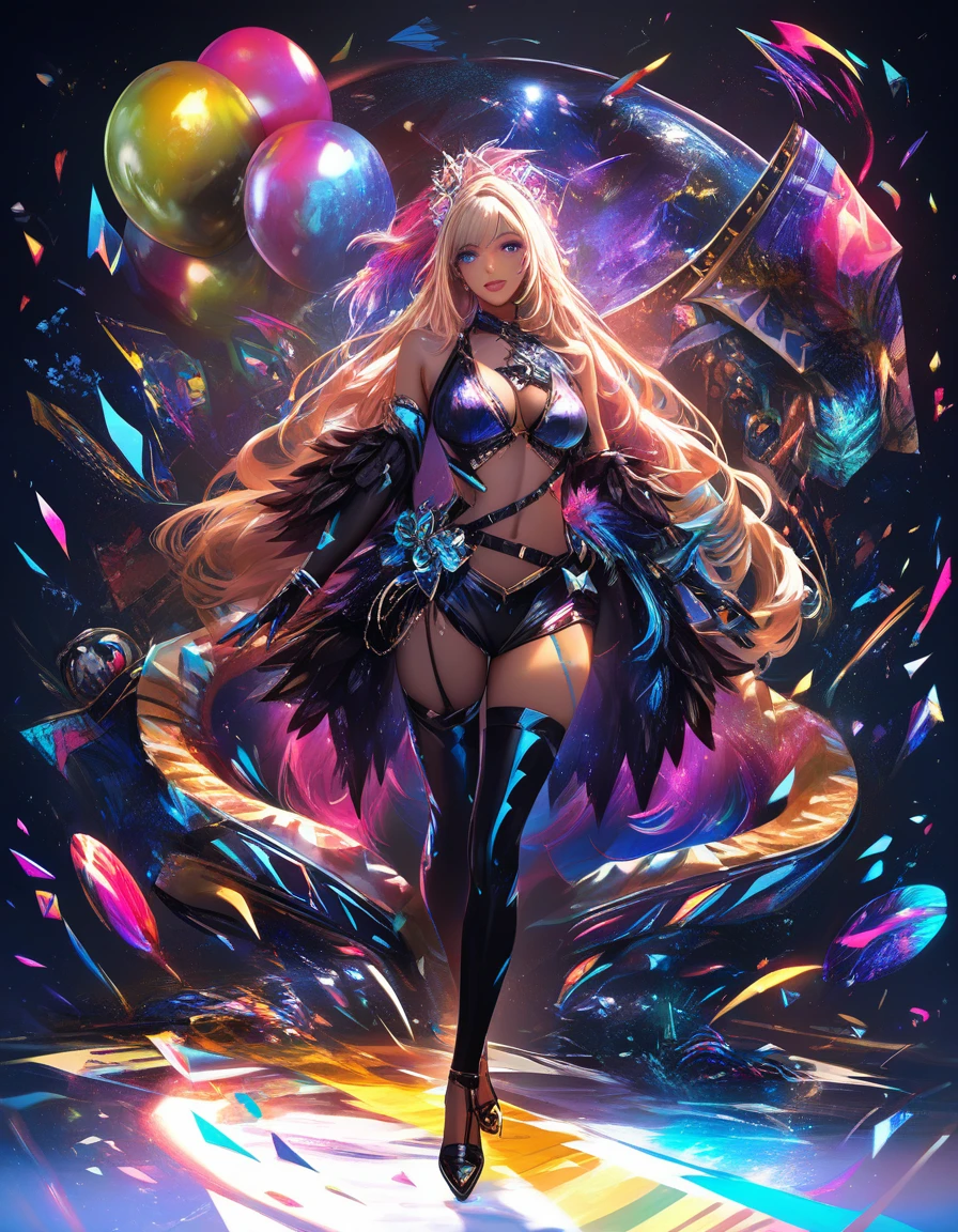 Glamorous neon birthday portrait with cake and balloons