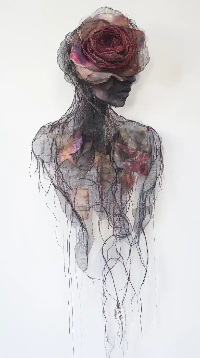 Surreal textile rose figure with frayed vines and glitch fabric