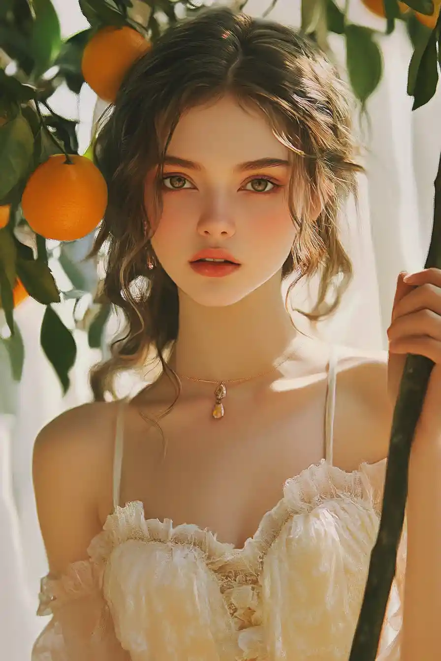 Whimsical pastel girl by an orange tree in fantasy style
