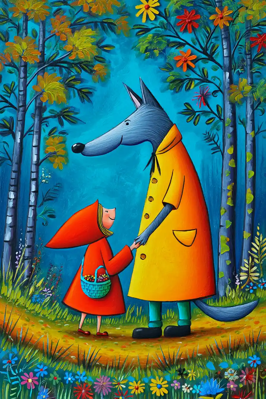 Wolf Walking With Little Red Riding Hood In Enchanted Forest