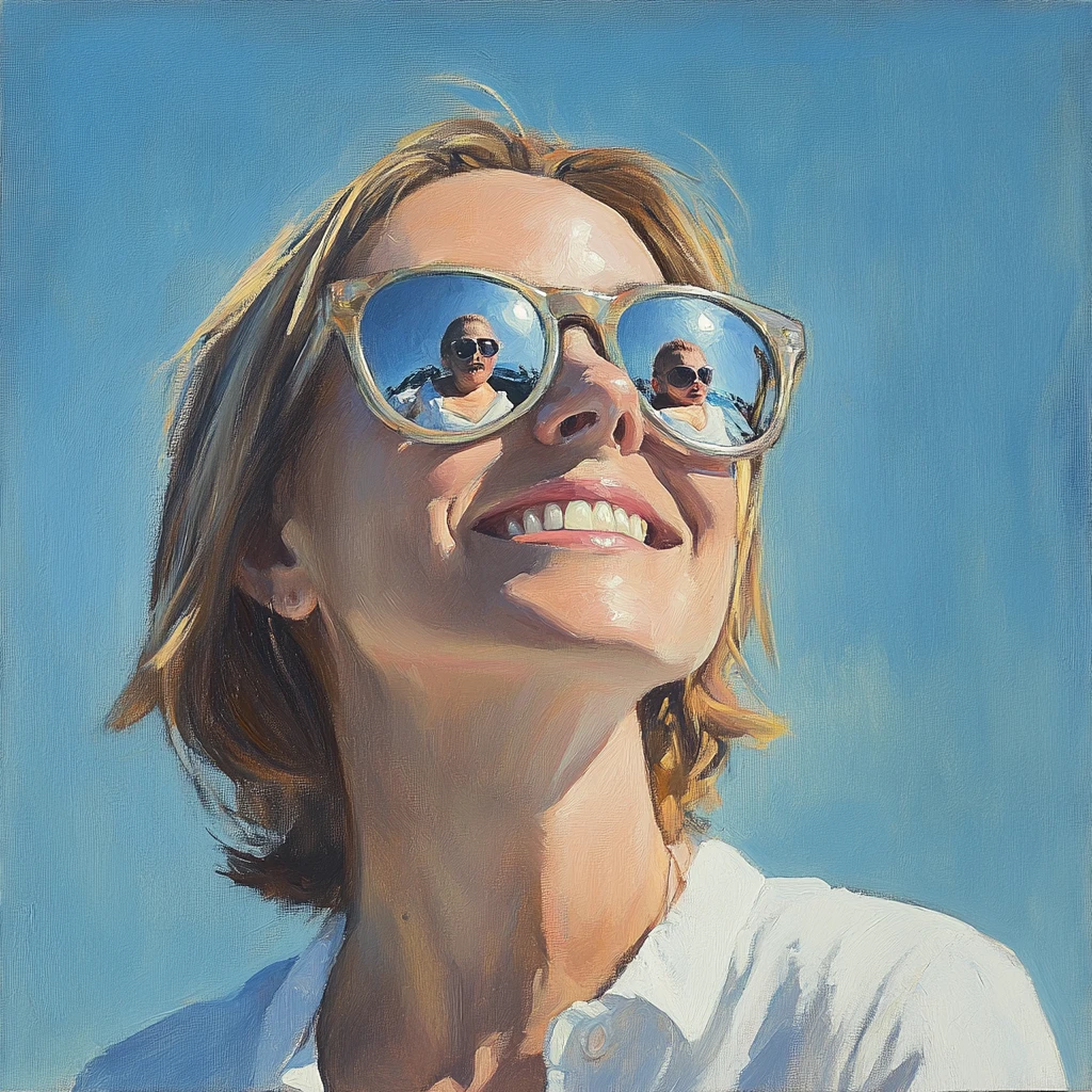 Smiling woman with mirrored sunglasses in soft oil painting style