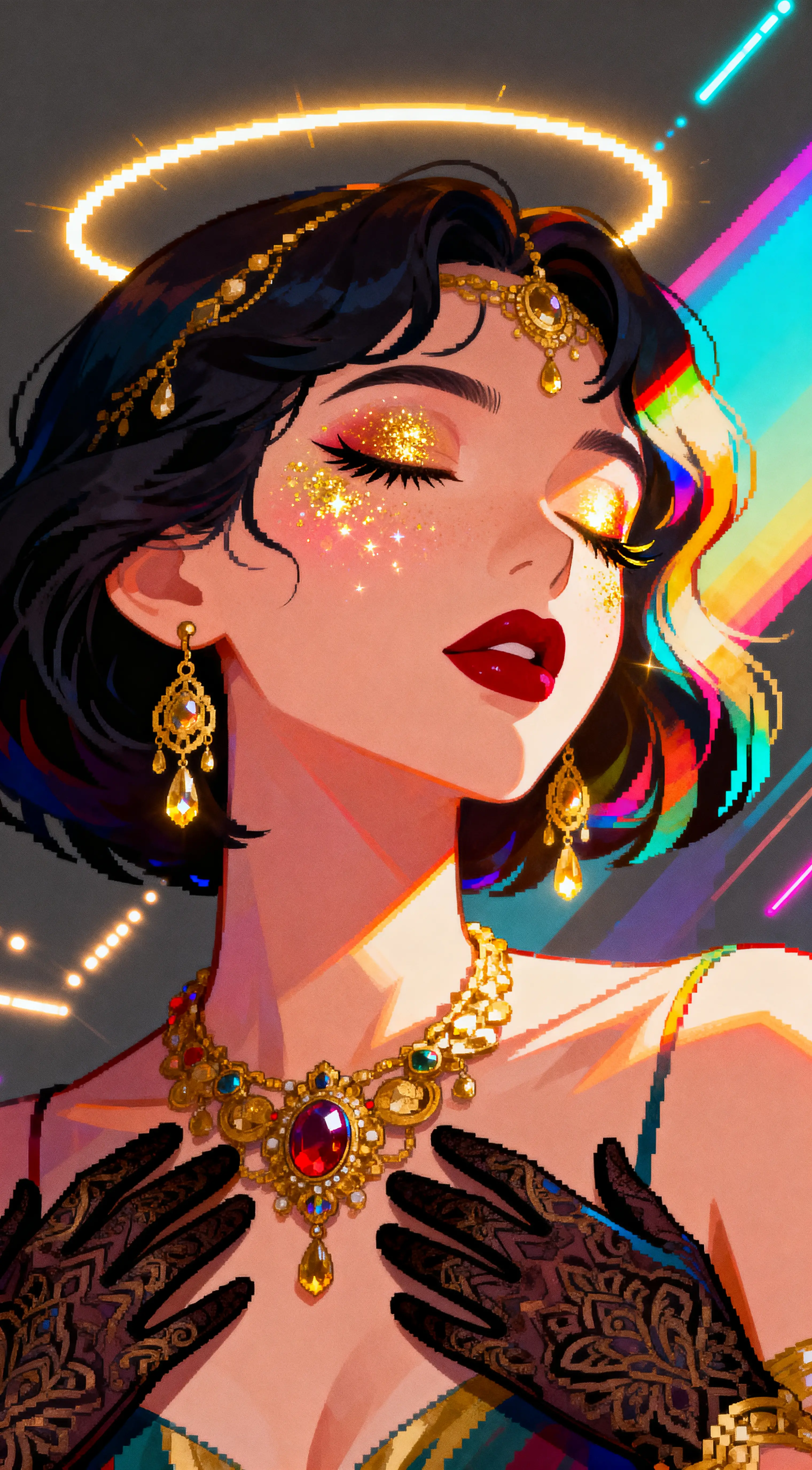 Golden halo portrait of a serene jeweled young woman