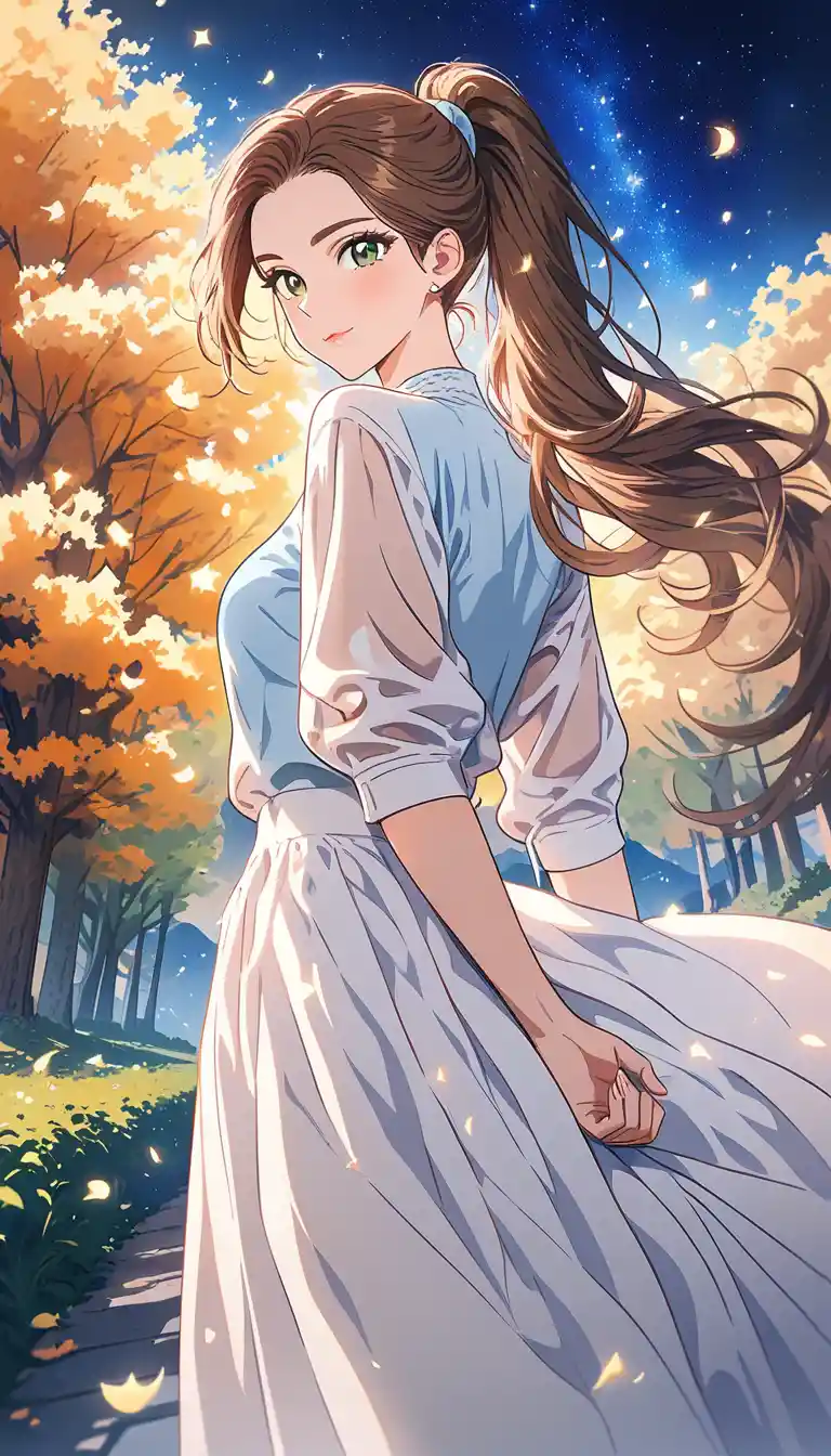 Confident woman in manhwa style under a moonlit country sky