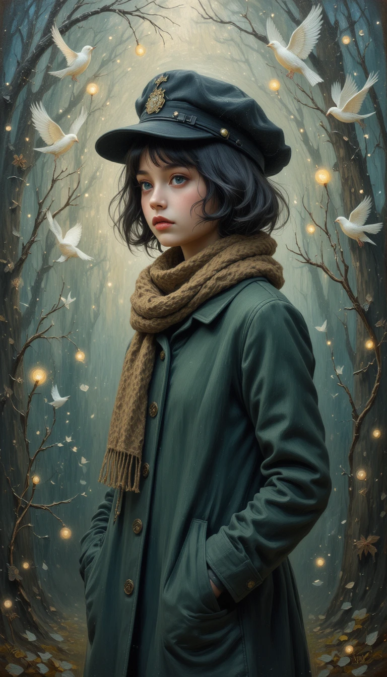 Thoughtful girl in green coat with glowing dreamy lights