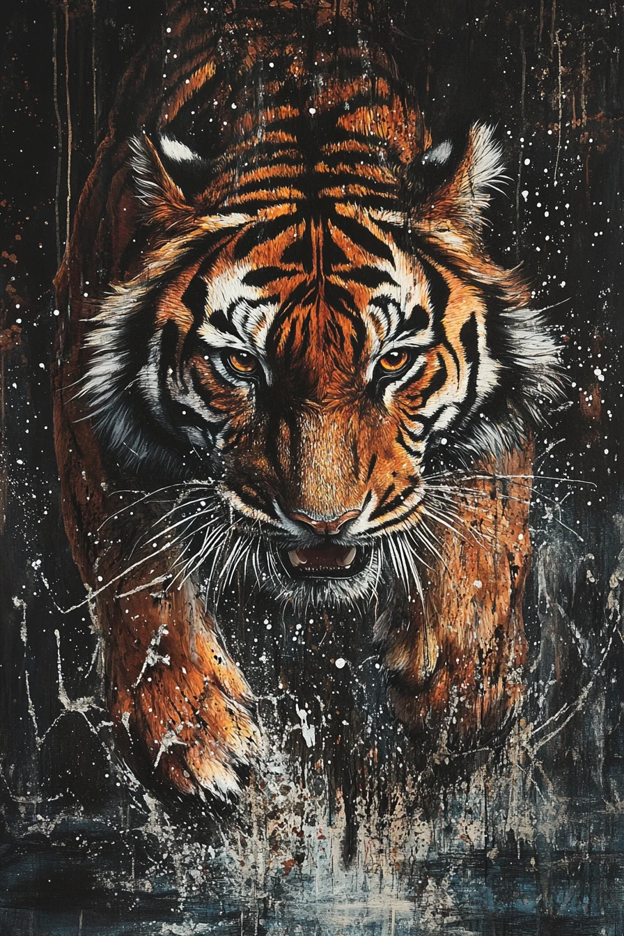 Majestic tiger emerging from a dark inky puddle