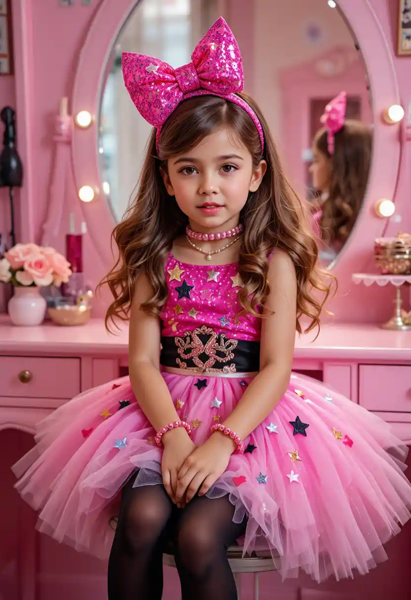 Shy tween boy dressed as a girl at pink vanity