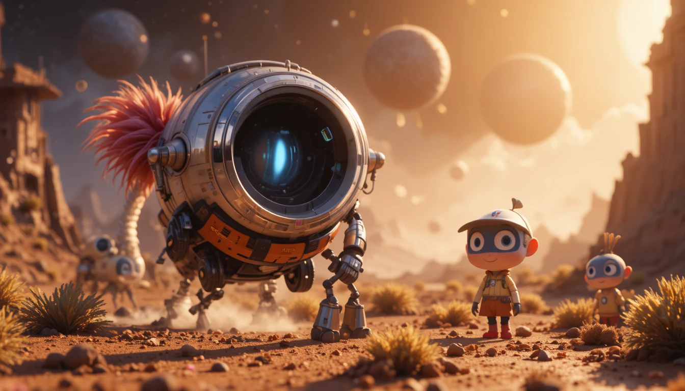 Young boy exploring a wild alien planet with robot companion