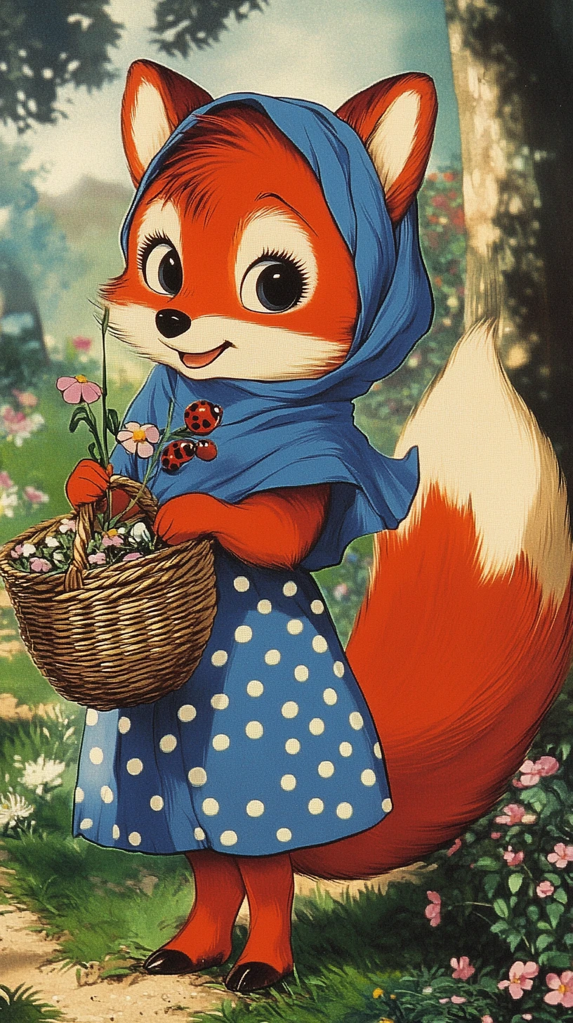 Cute red fox in blue dress on grassy moon city