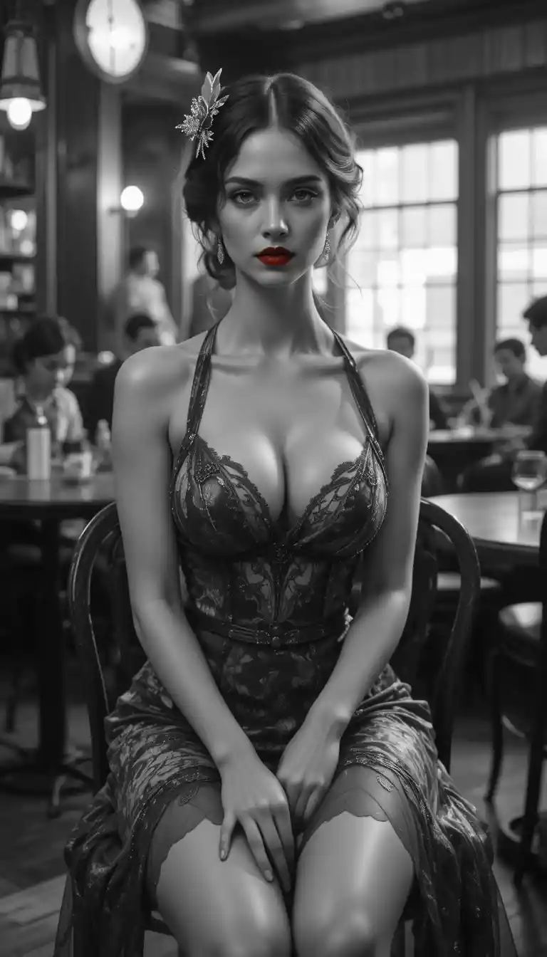Elegant woman in 1920s flapper dress sitting in a cafe