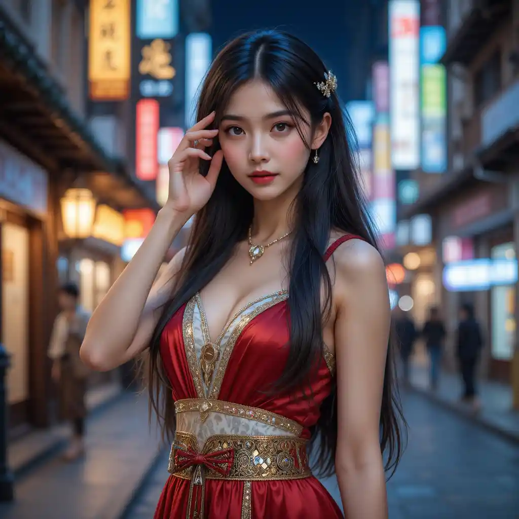 Japanese woman in modern Roman dress on night city street