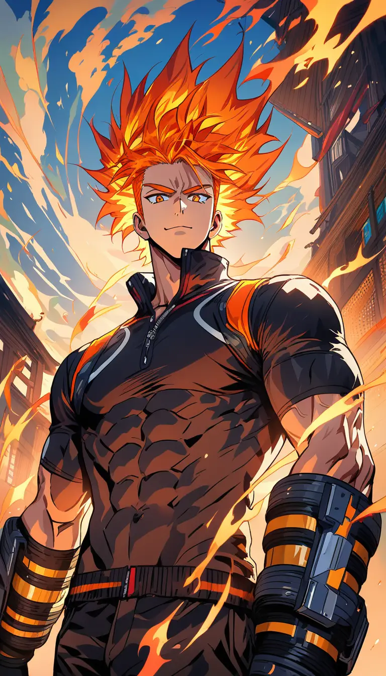 Muscular man in orange hair at sunset with confident gaze