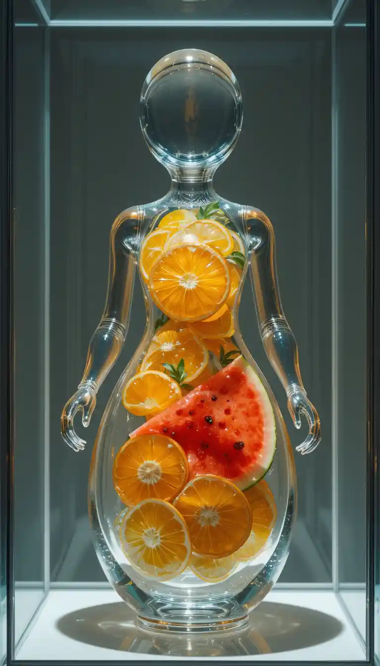 Hyperreal glass doll filled with citrus and watermelon slices