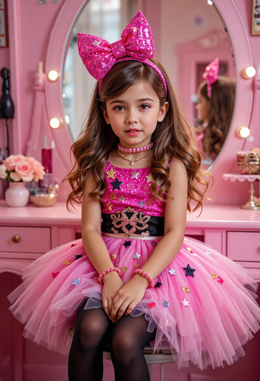 Shy tween boy dressed as a girl at pink vanity