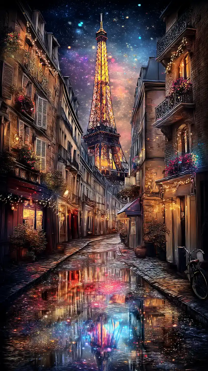 Paris street after rain with lights and tower reflections