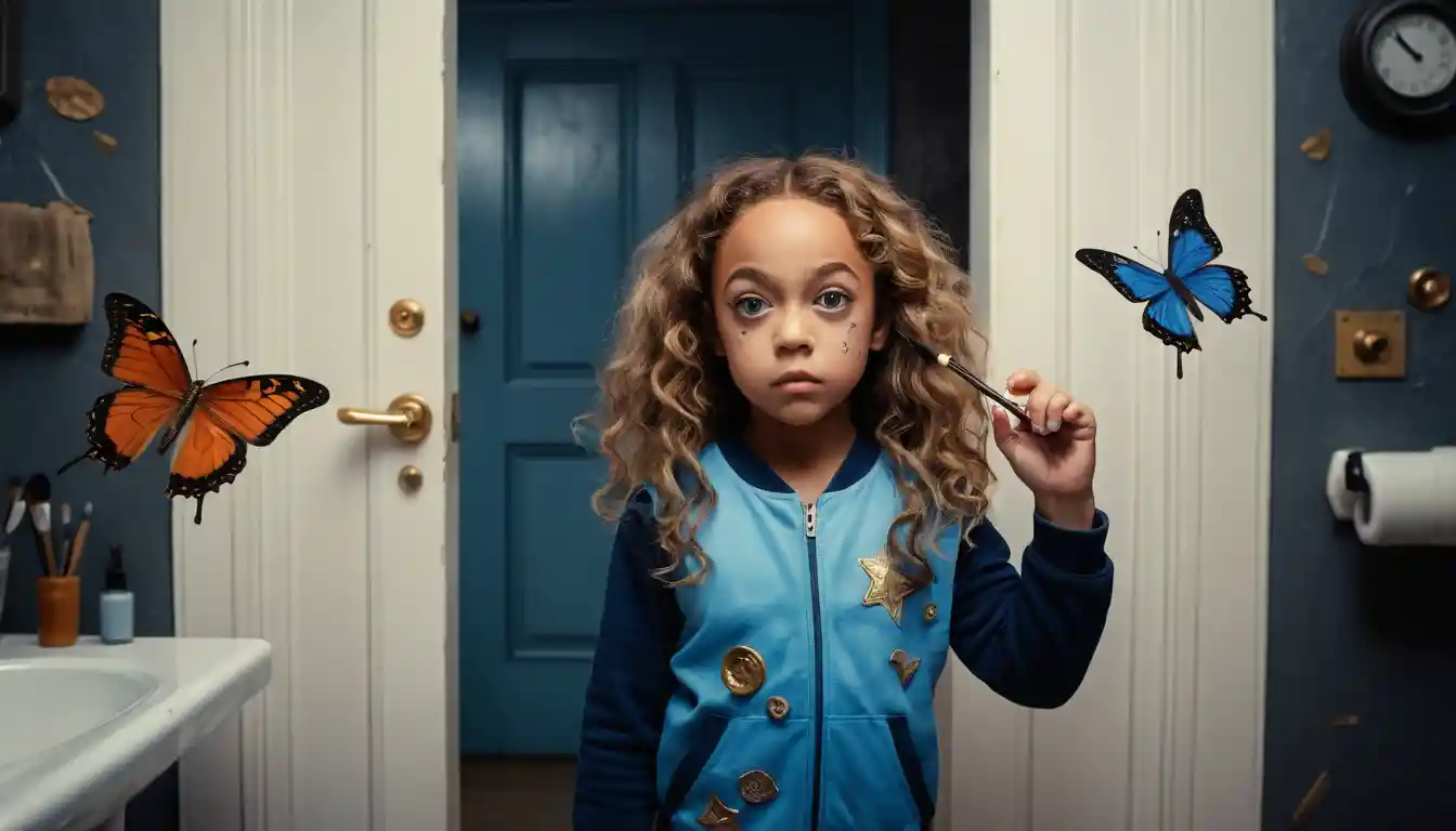 Young child by a magical door to the stars
