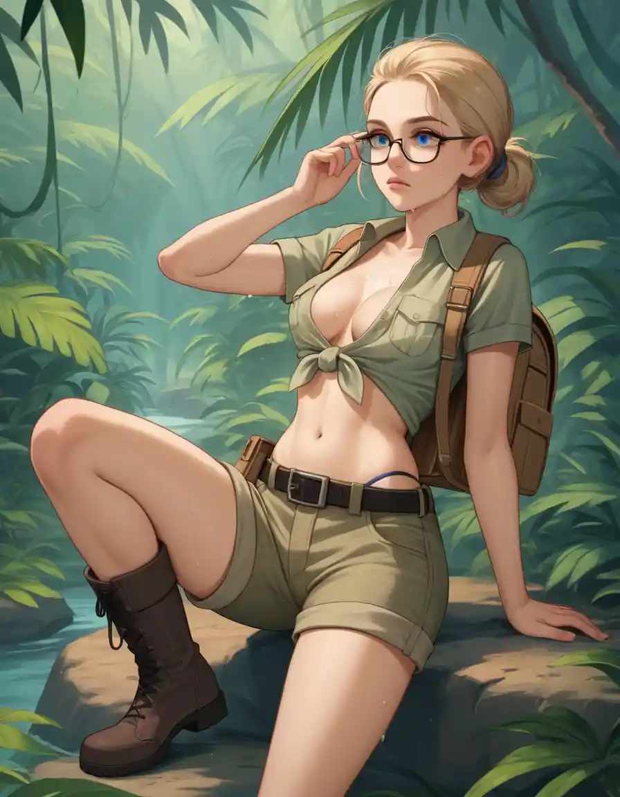Young anthropologist cooling off by a tropical jungle stream