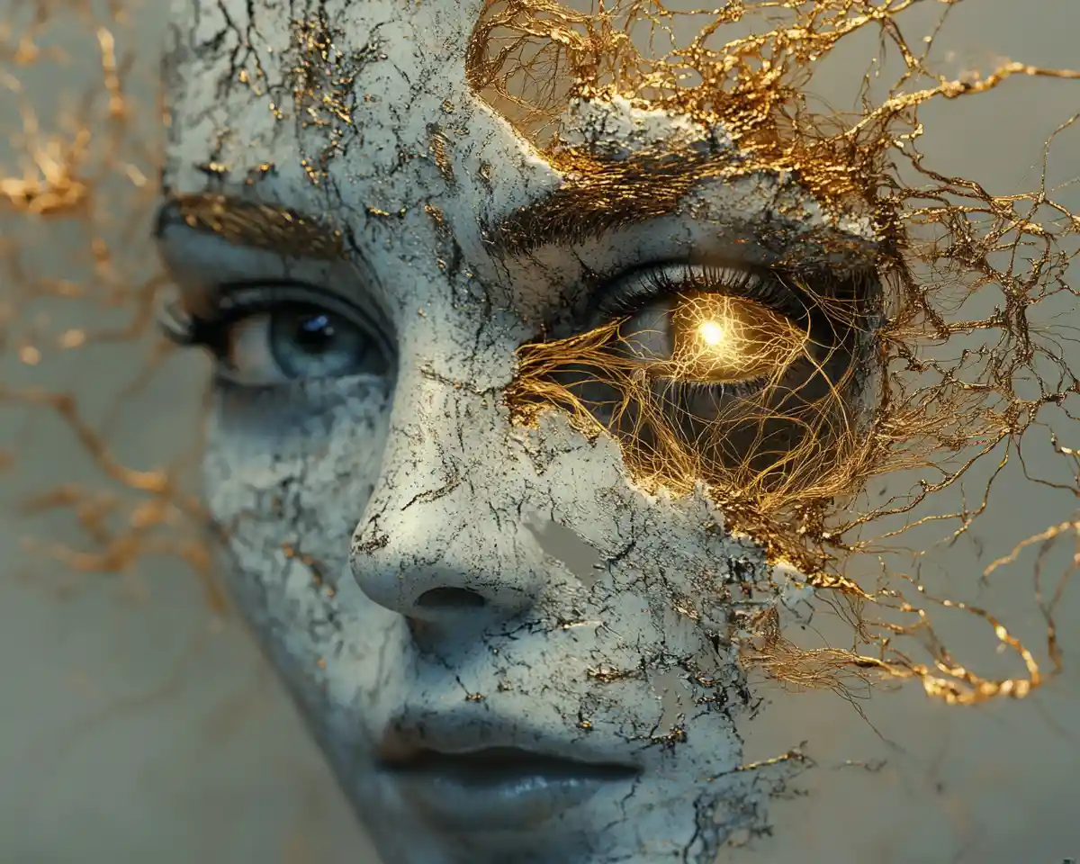 Fragmented golden face with single glowing realistic eye
