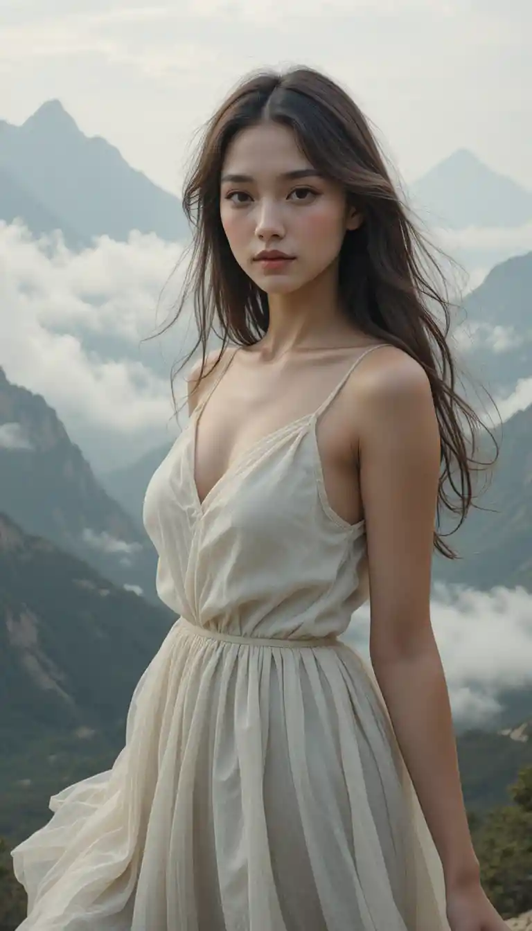 Girl in flowing dress posing among misty mountains