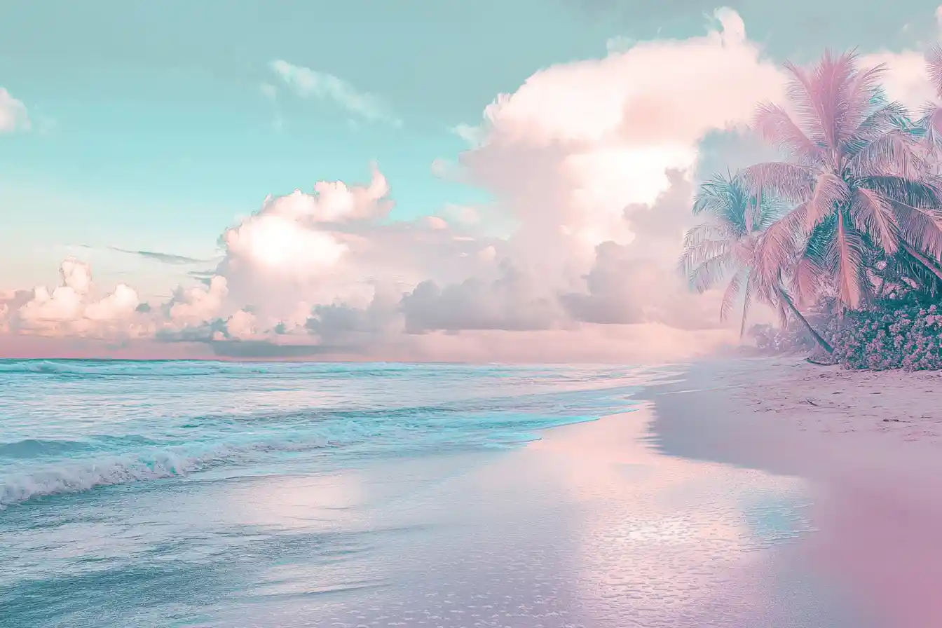 Surreal serene beachside in pastel metallic dream tones