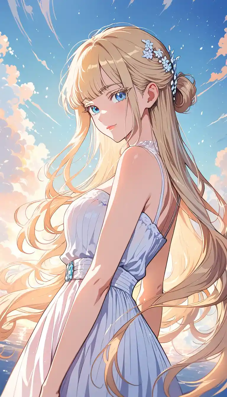Blonde anime girl in a floral field at golden hour