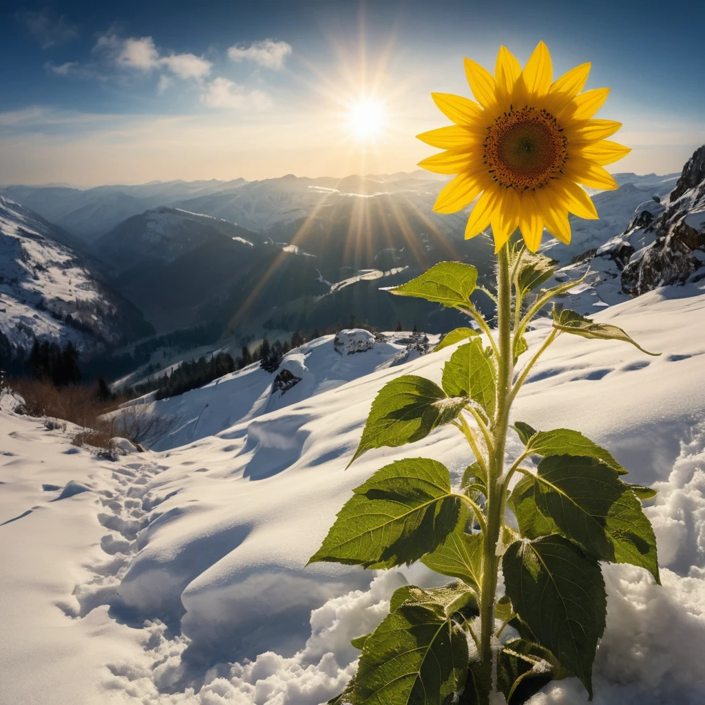 Lonely sunflower reaching toward a distant golden sun