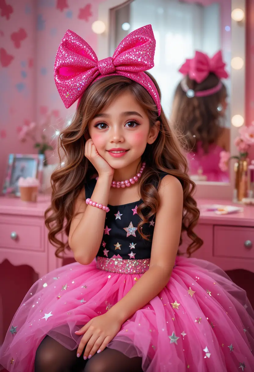 Shy tween in pink dress at a sparkling vanity mirror