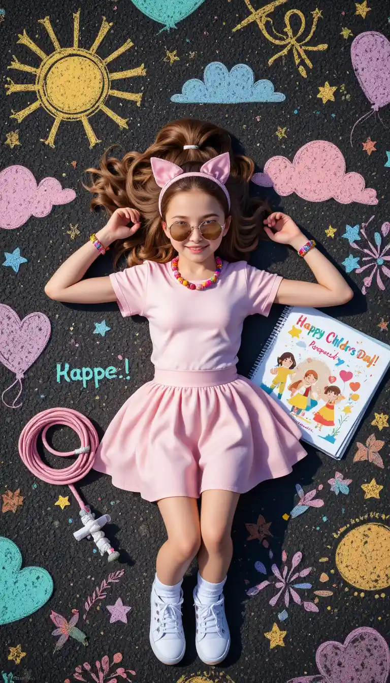 Girl lying on chalk covered asphalt in bright sunlight