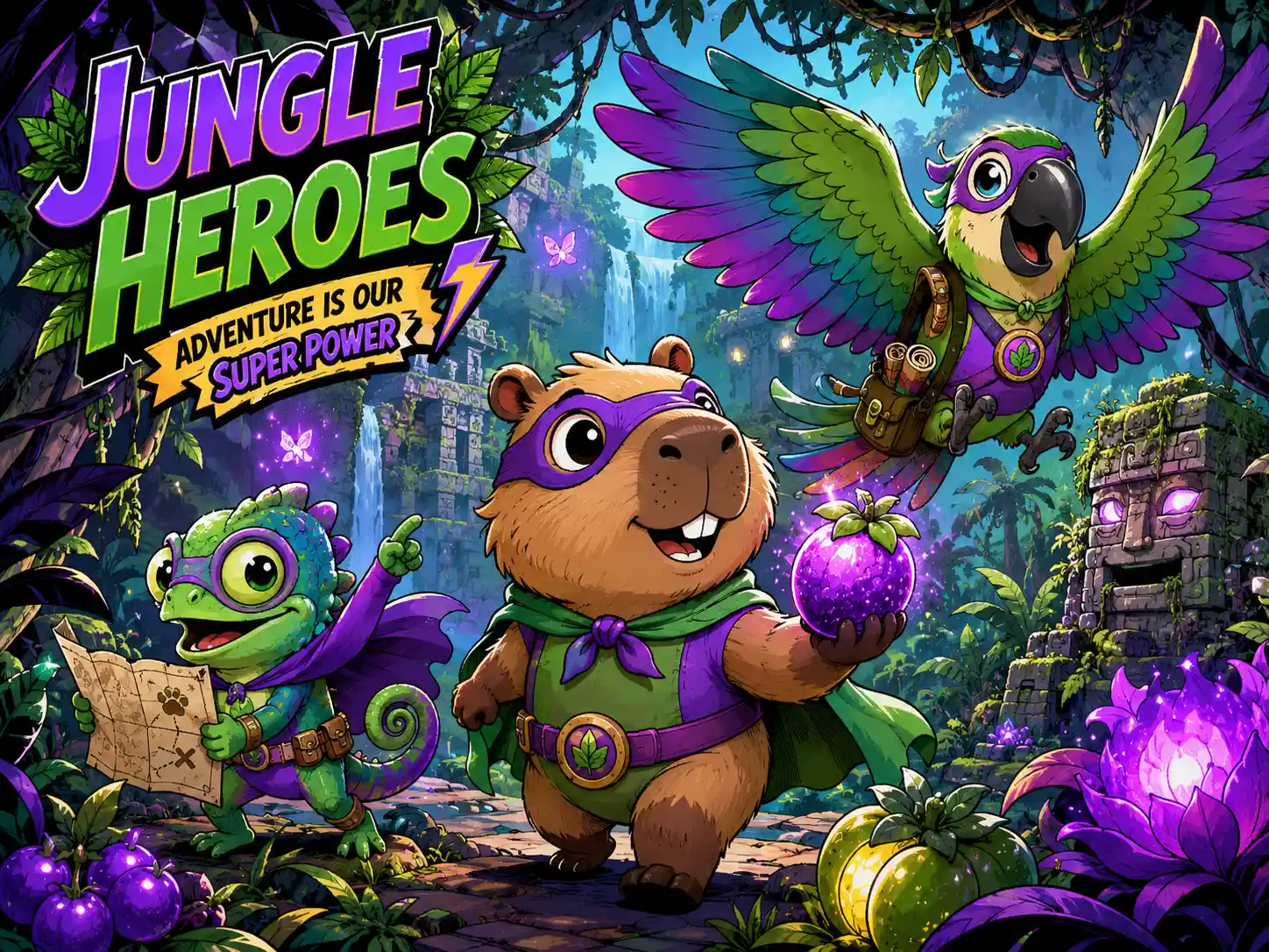 Cute jungle animal superheroes on a magical adventure