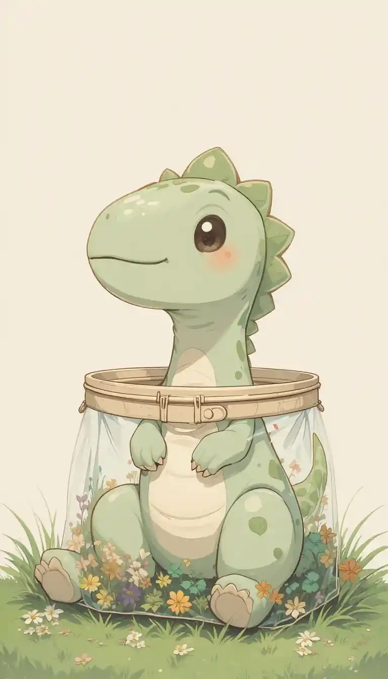 Cute pastel dinosaur sitting in a clear flower bag