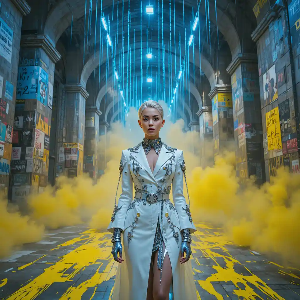 Futuristic fashion woman in neon lit underground studio