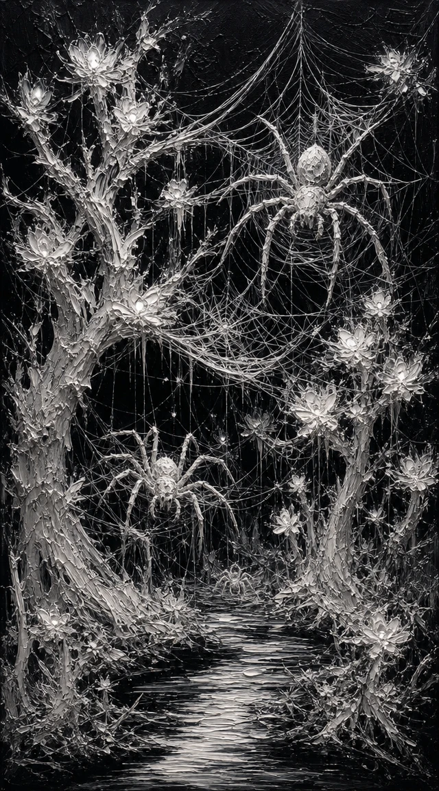 Chaotic white painting of spiders in a hidden glowing grove