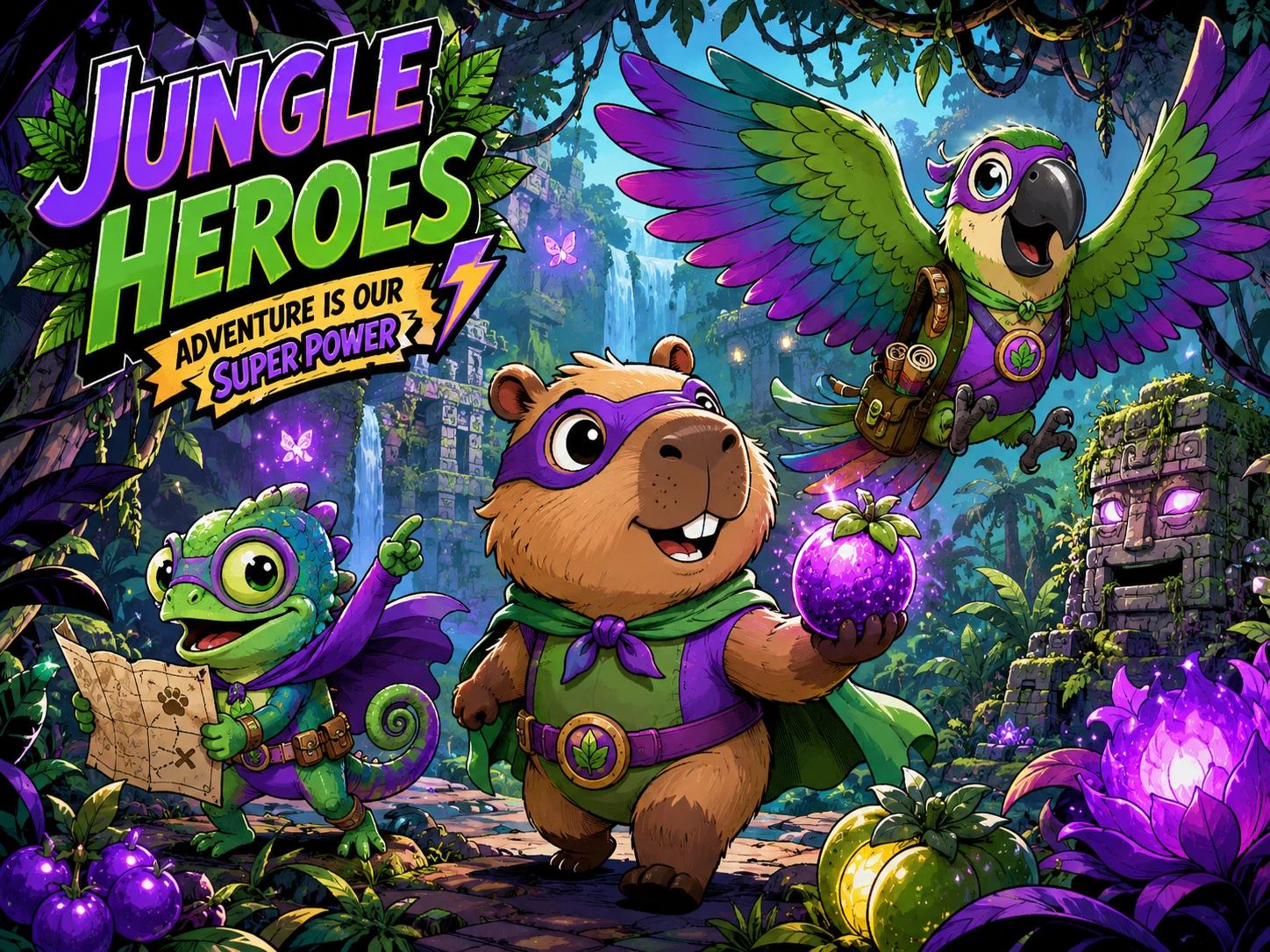 Cute jungle animal superheroes on a magical adventure