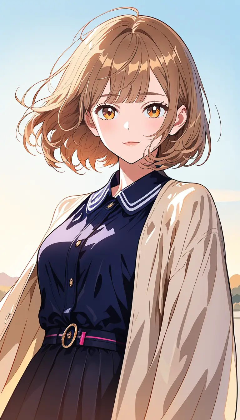 Elegant anime girl standing outdoors in soft sunrise light