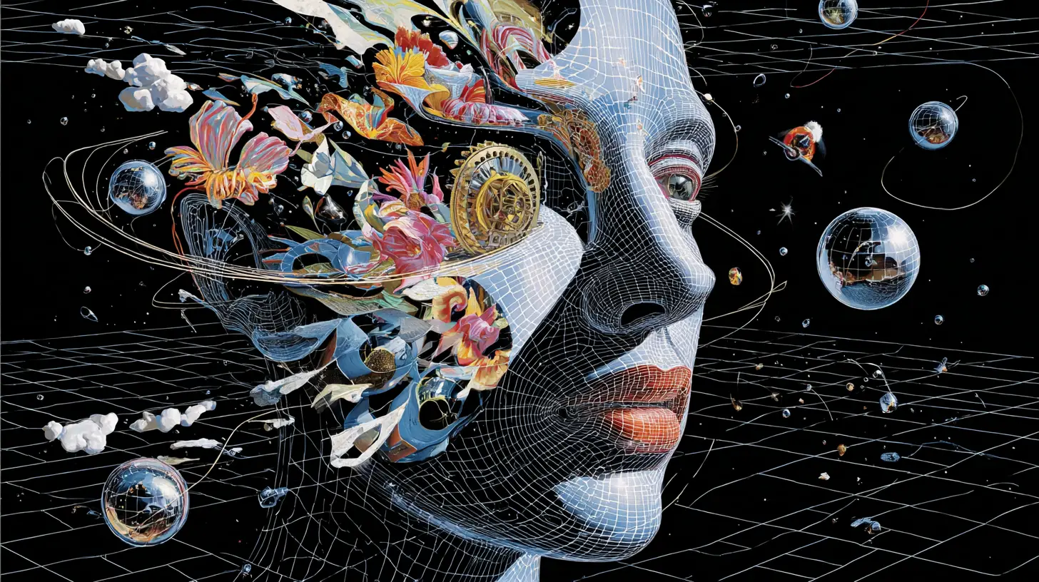 Surreal human face unfolding into layered abstract dimensions