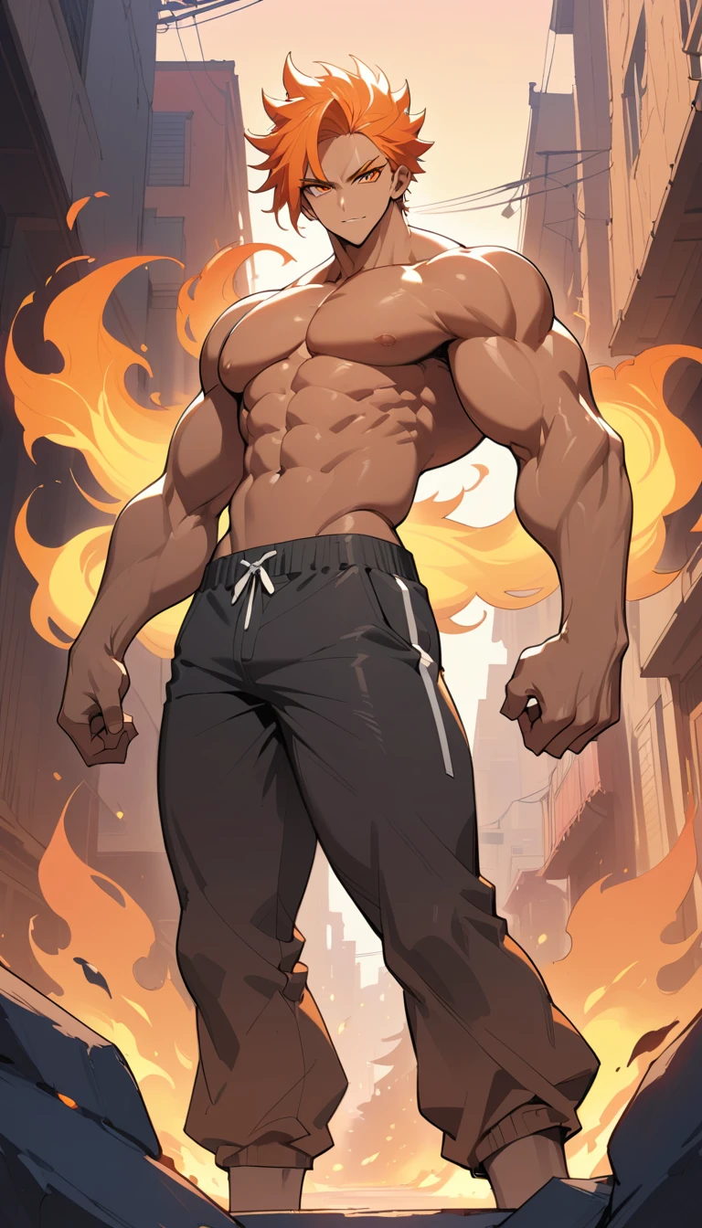 Confident muscular anime man standing in fiery sunset
