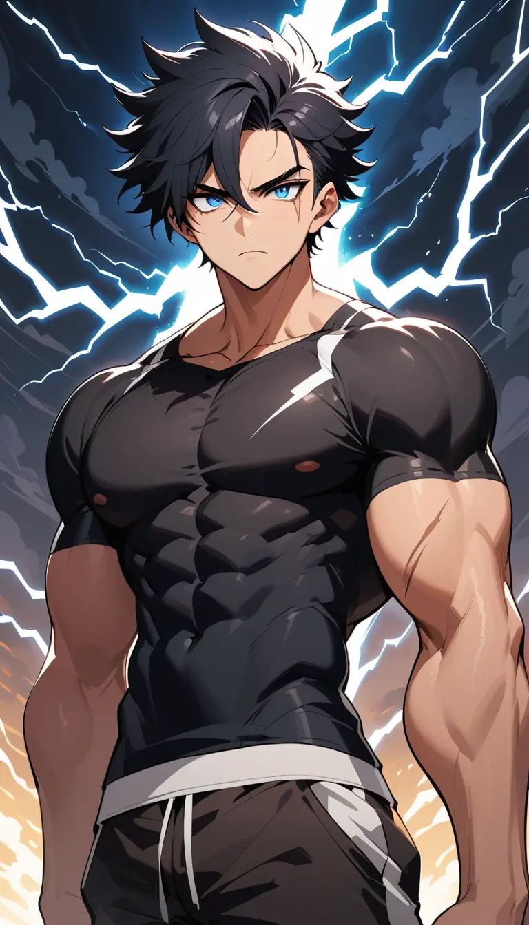 Muscular man with scar standing under a stormy sky
