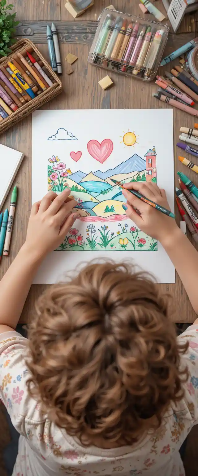 Top down view of young boy drawing a simple landscape