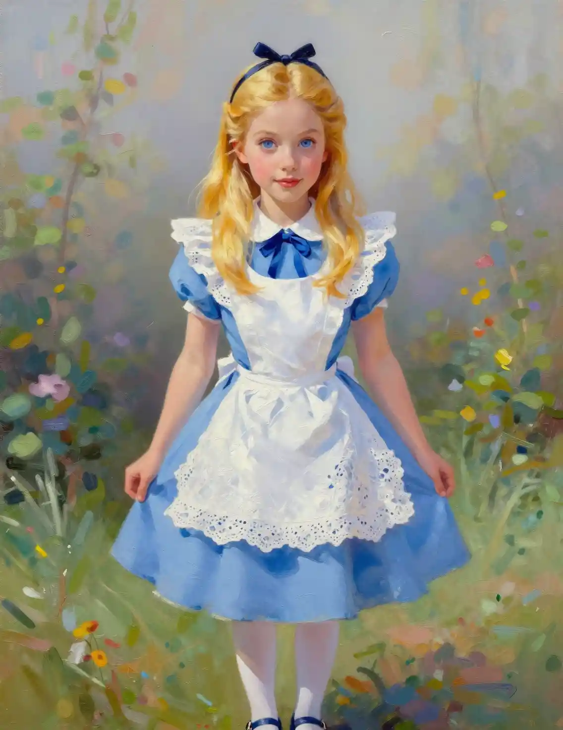 Whimsical portrait of a girl in blue dress in garden