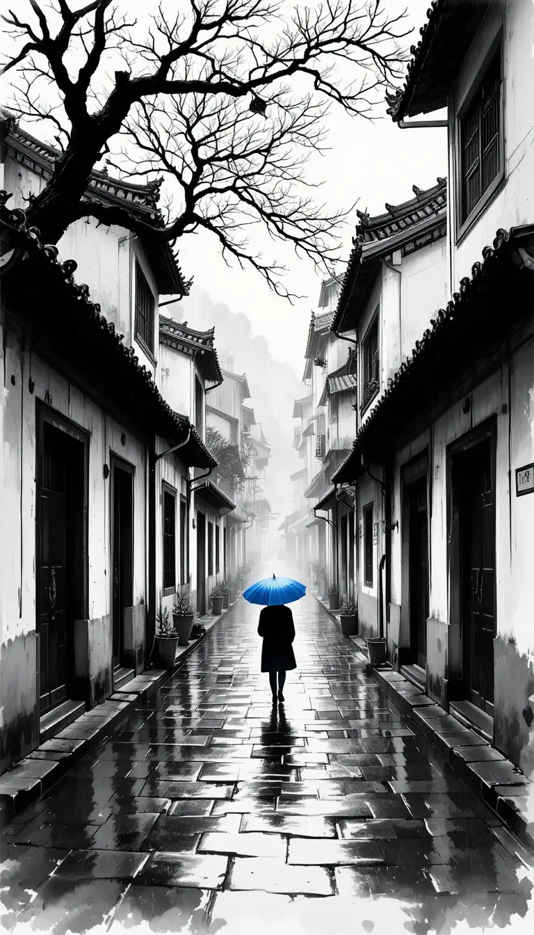 Figura solitaria en un callejón lluvioso de Jiangnan dibujado a tinta