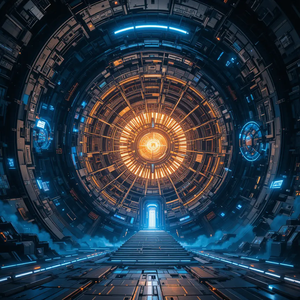 Colossal AI core inside a futuristic planet sized computer