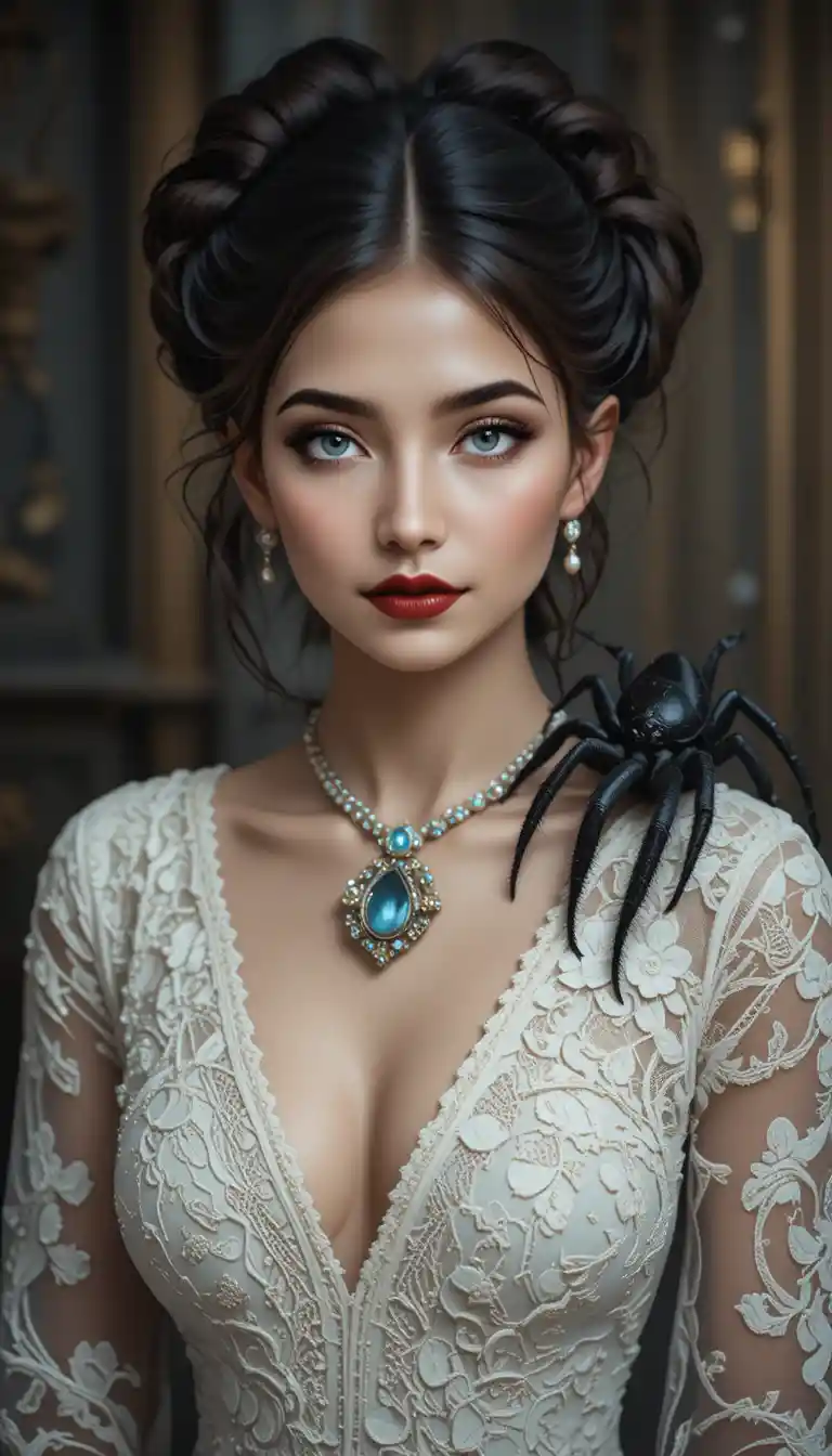 Elegant bridal portrait with tarantula on shoulder