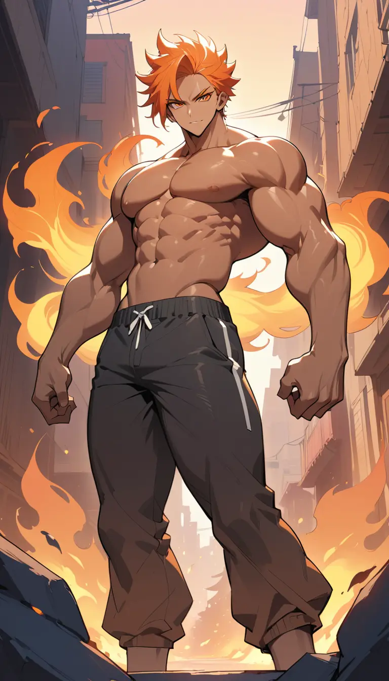 Confident muscular anime man standing in fiery sunset