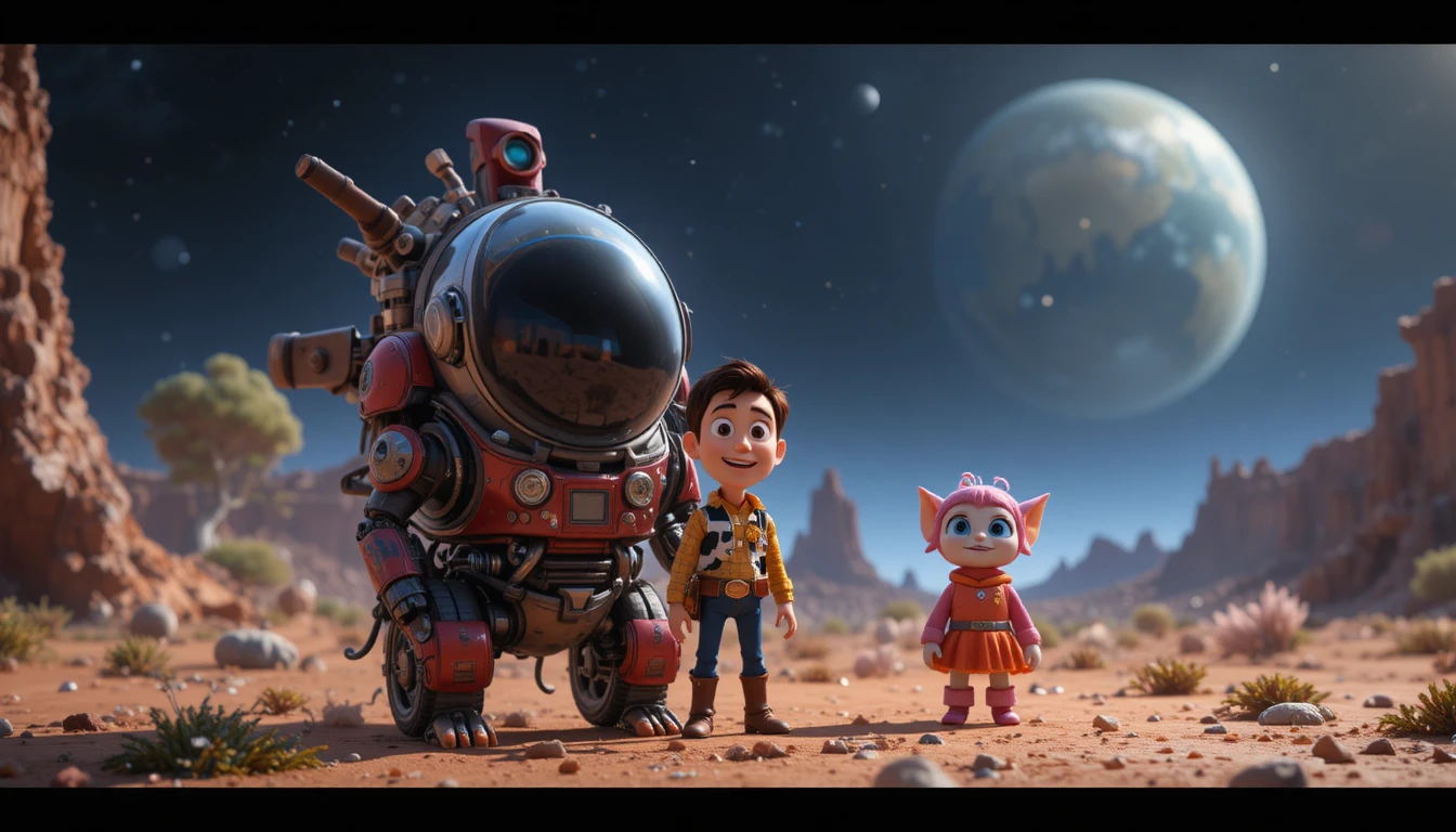 Young boy explores a wild alien planet with robot companion